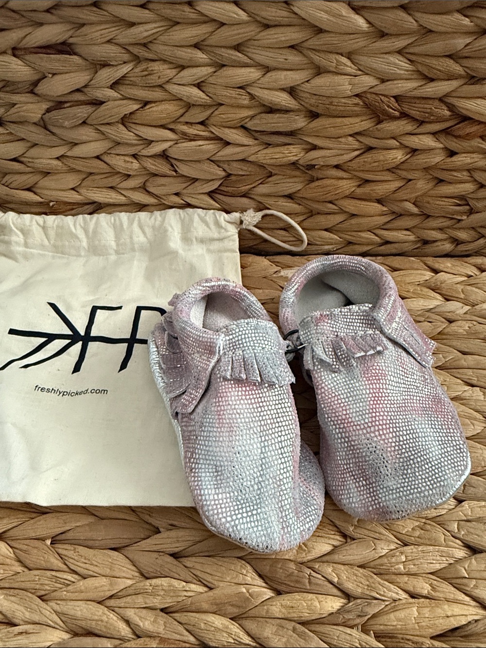 Freshly Picked Iridescent Pink & Silver Baby Moccasins